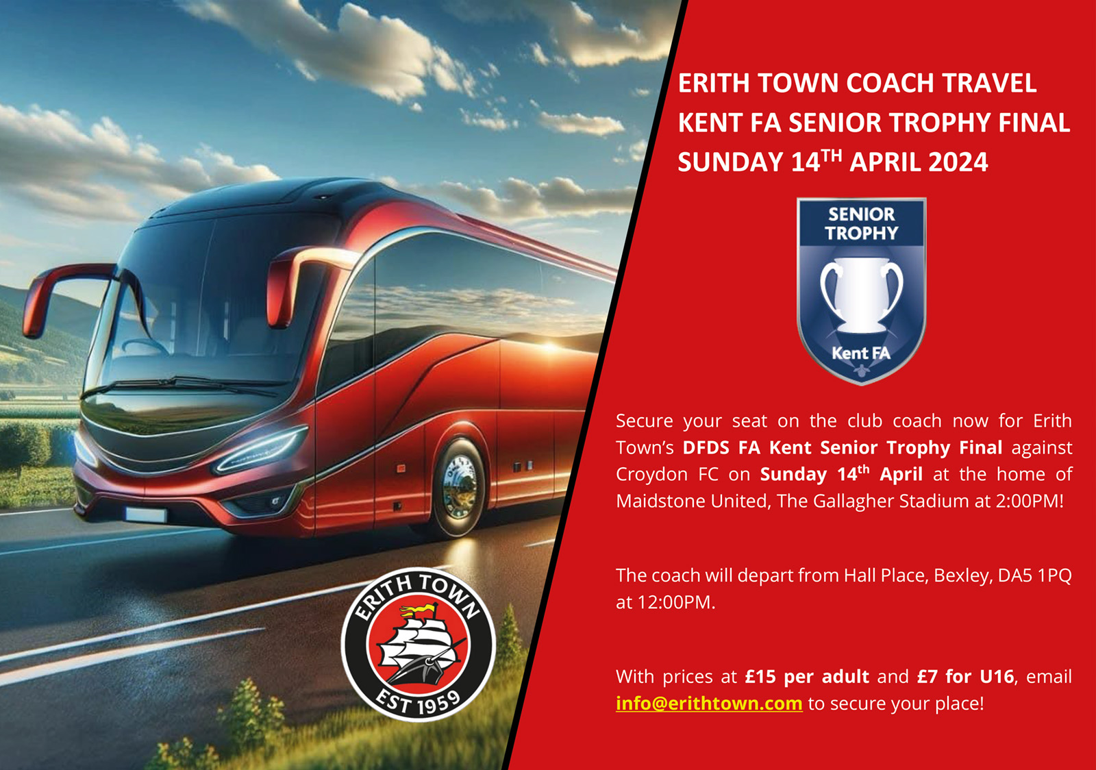 Flyer displaying coach travel to The Dockers' Kent Senior Trophy final